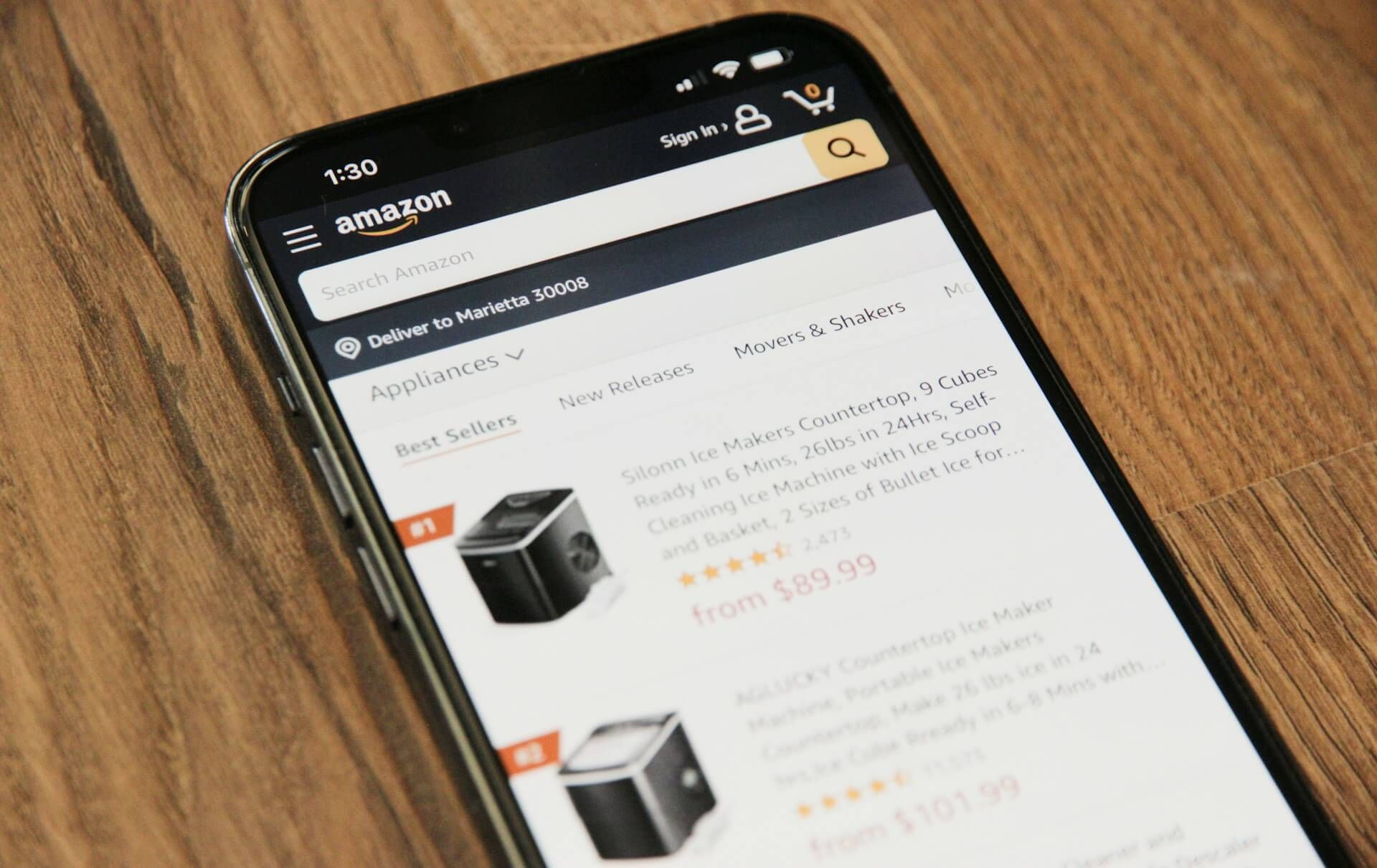 Smartphone with Amazon App opened