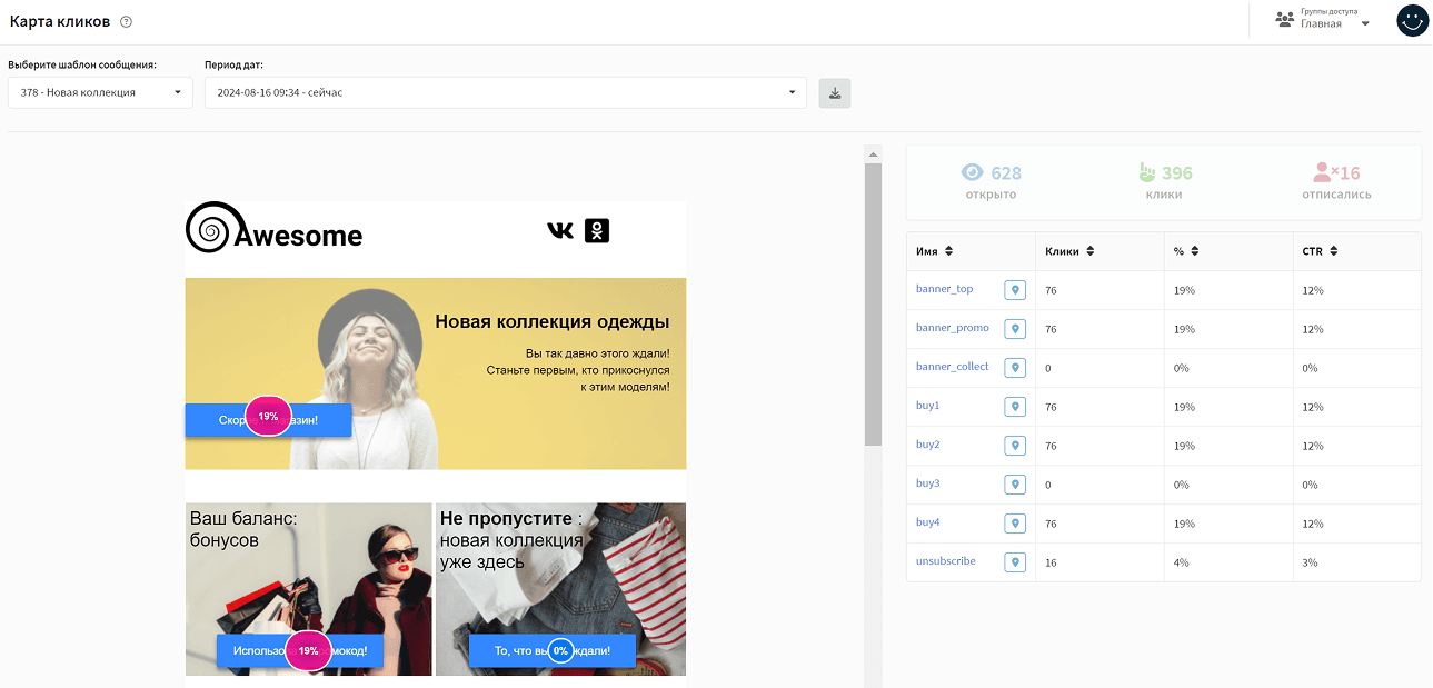 Карта кликов Altcraft с email-шаблоном и процентами переходов по отдельным ссылкам