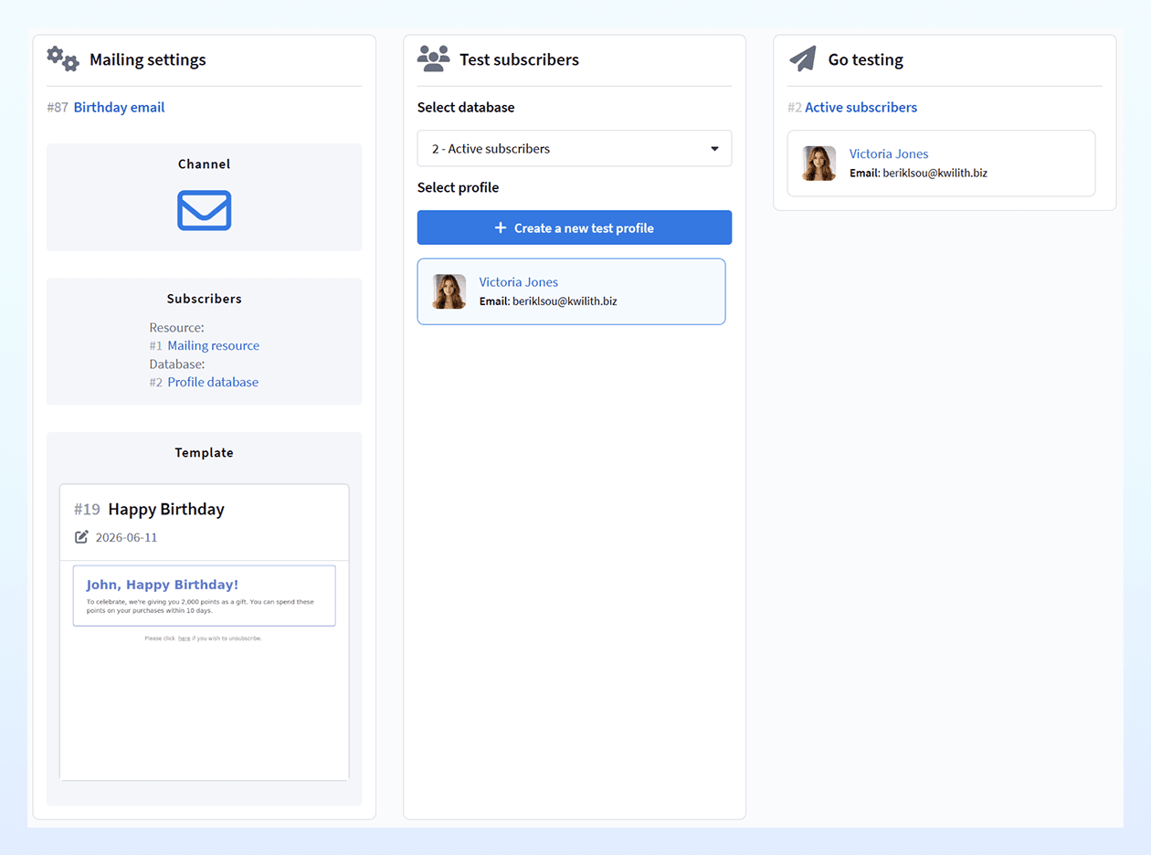 Mailing testing interface