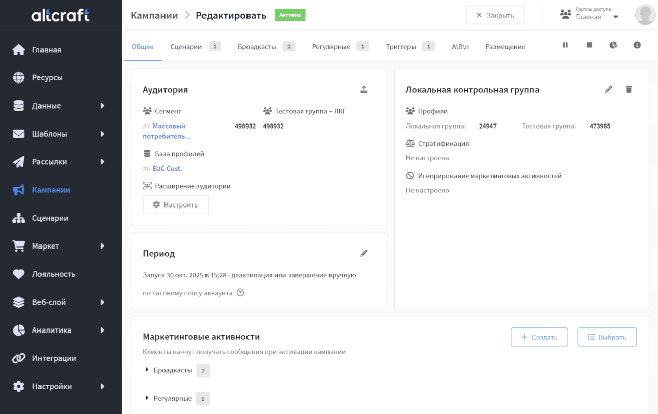 Интерфейс кампании Altcraft с аудиторией, контрольной группой и списком маркетинговых активностей