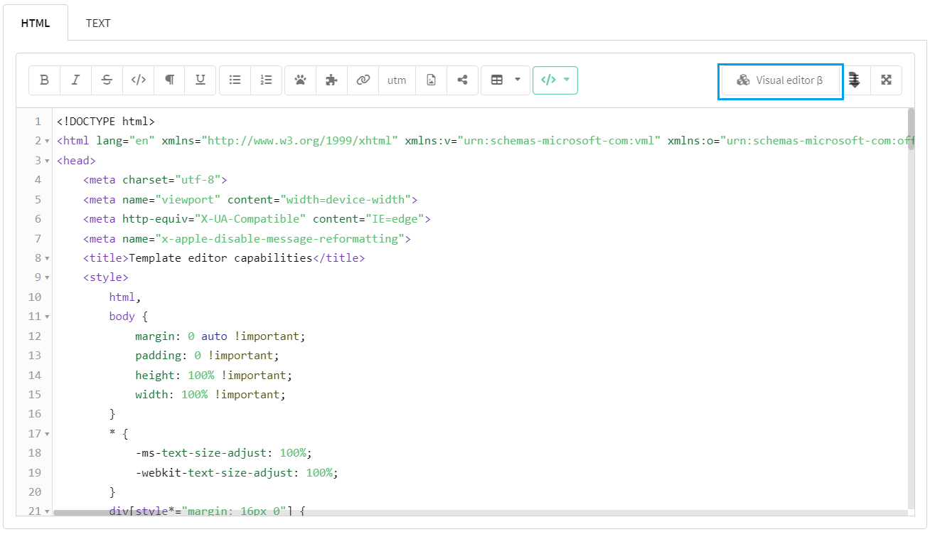 Visual editor in HTML editor within Altcraft Platform