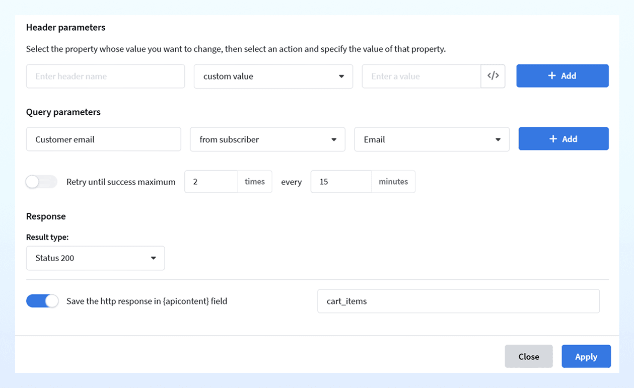 API request configuration