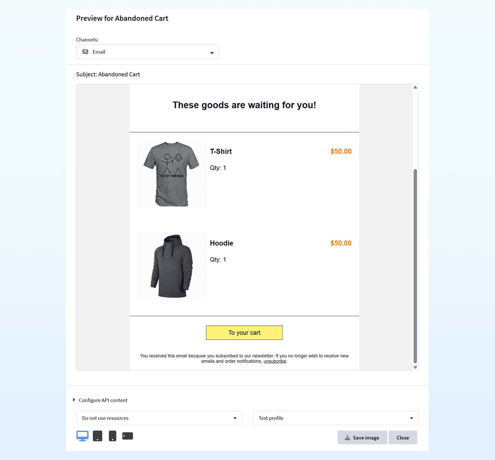 Preview of the abandoned cart email template