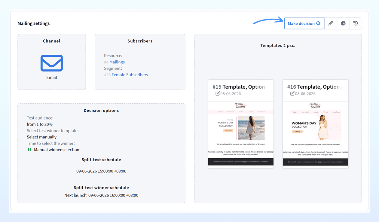 Selecting the winning template manually