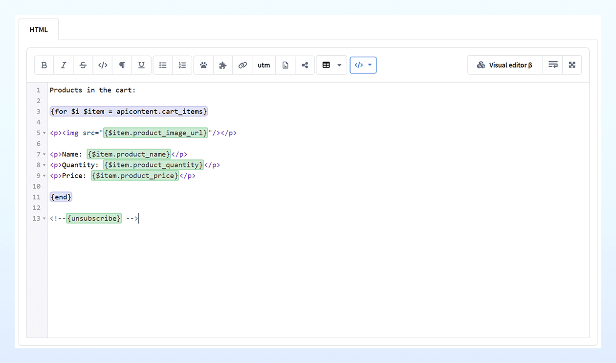 HTML code for iterating over products in an abandoned cart