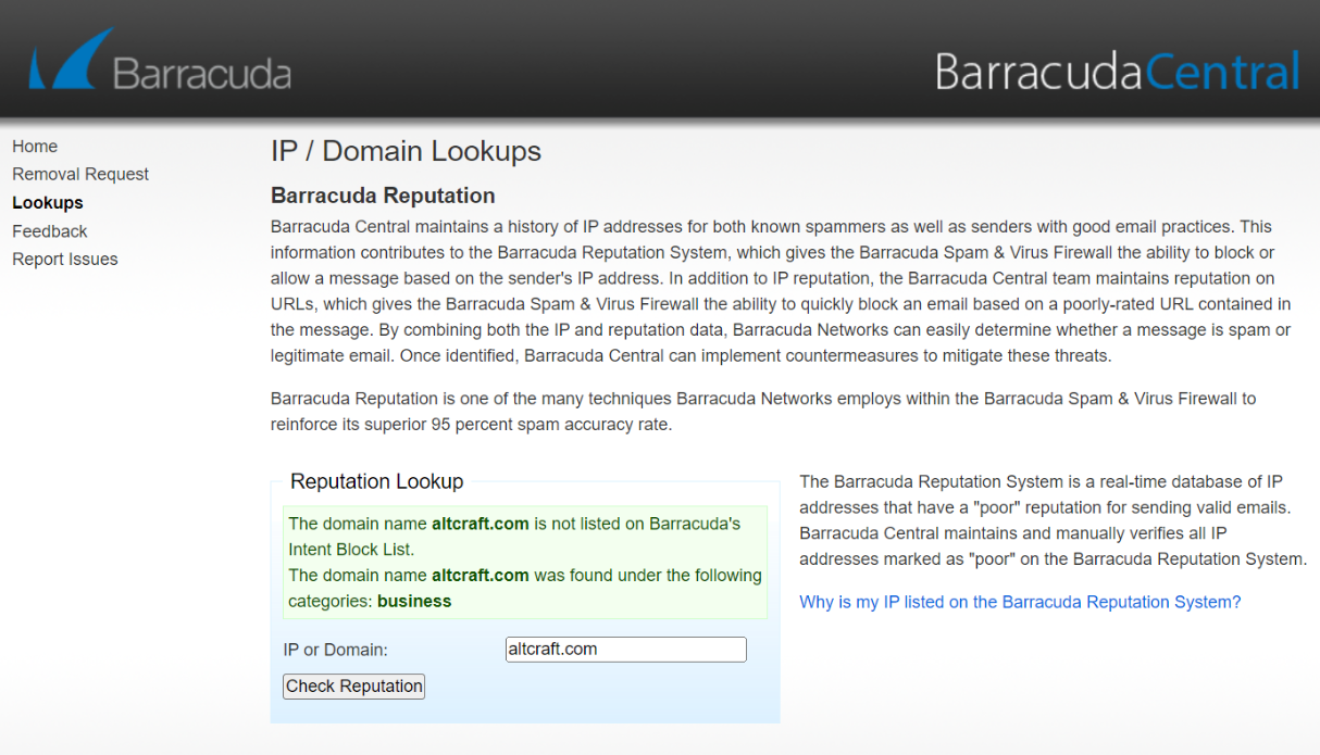 Check domain reputation with Barracuda