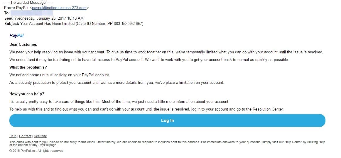 Phishing email mimicking PayPal