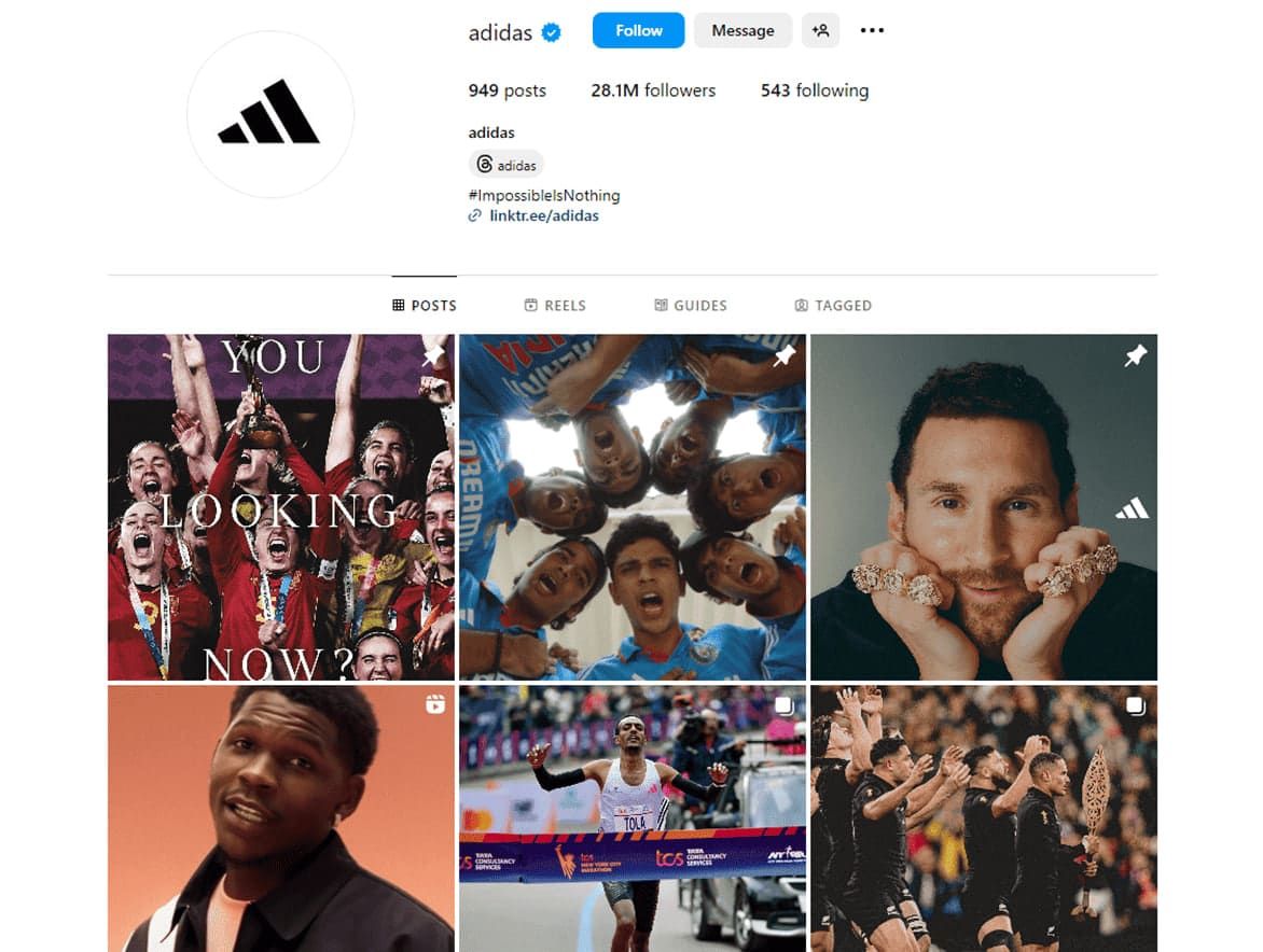 Page de l'entreprise Adidas sur les réseaux sociaux