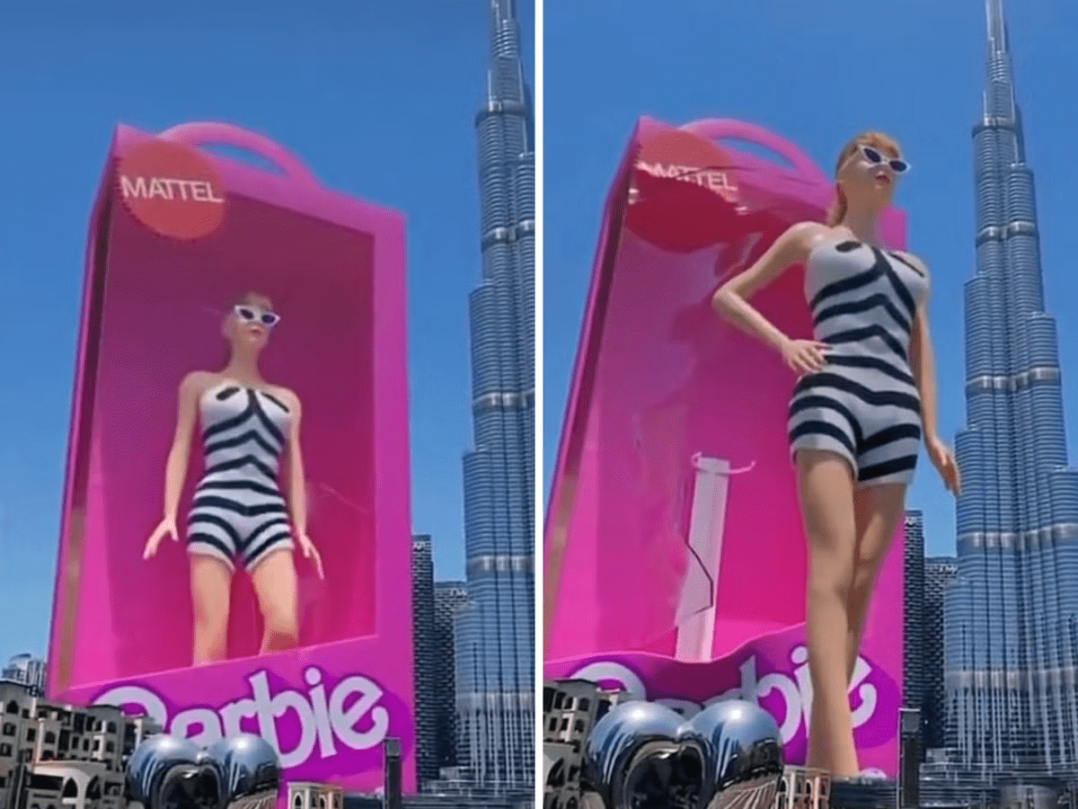 Giant Barbie doll coming out of its box in Dubai
