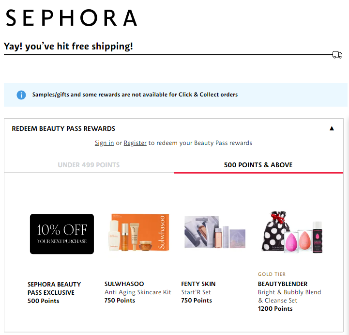 Gifts for an order from Sephora