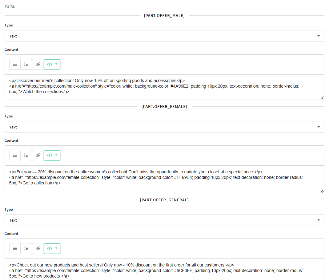 Example of parts with customer gender