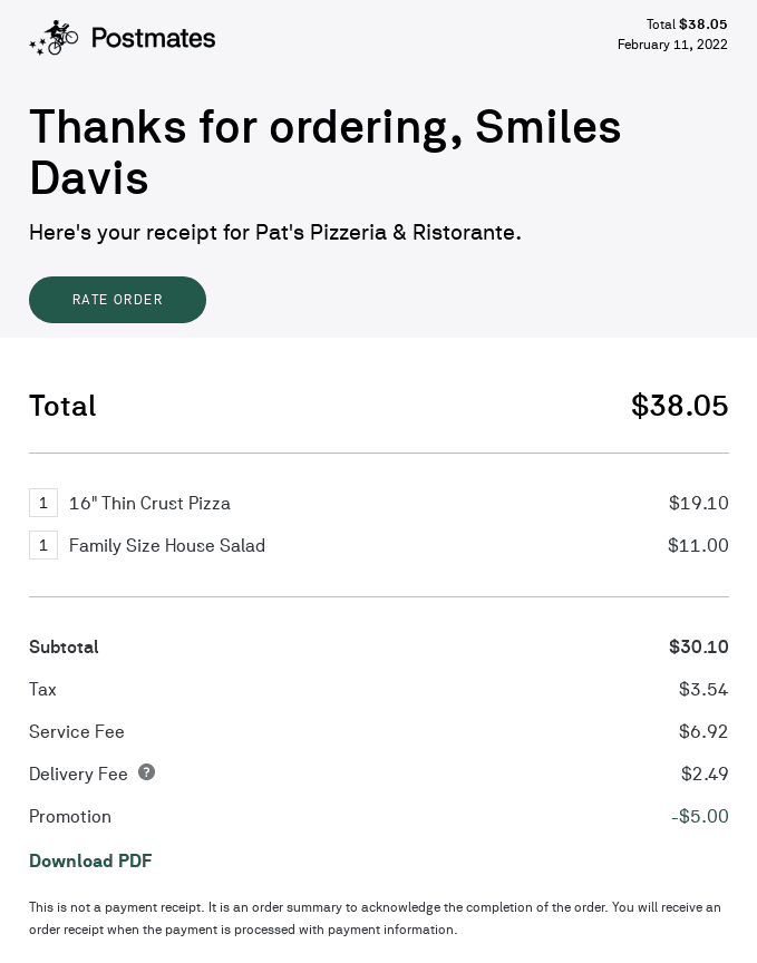 Order confirmation email