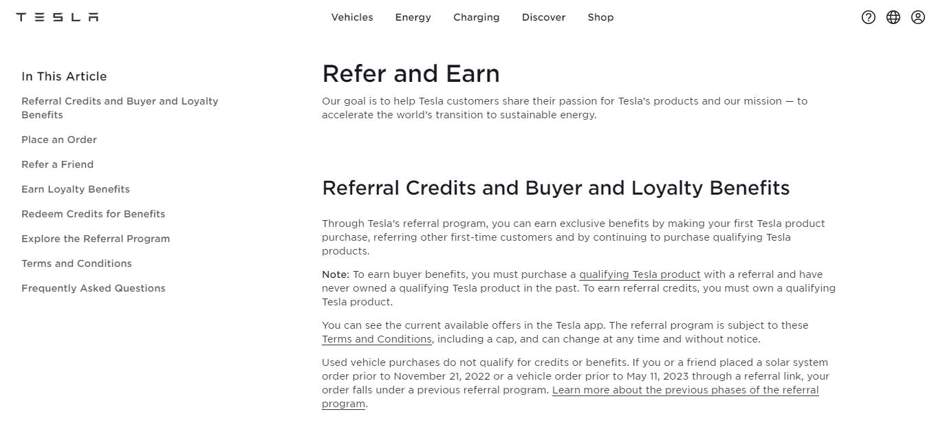 Example of a referral program from Tesla