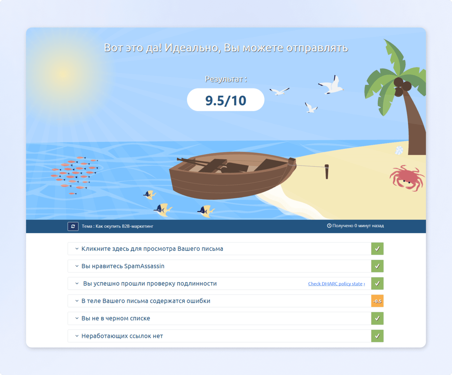 Результаты проверки email-письма в Mail-Tester после тестовой отправки через Altcraft