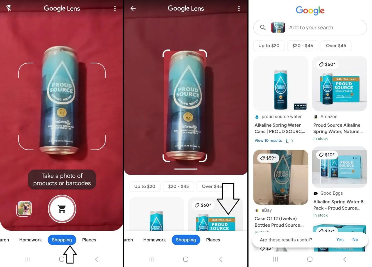 Display of visual product search with prices in online shops