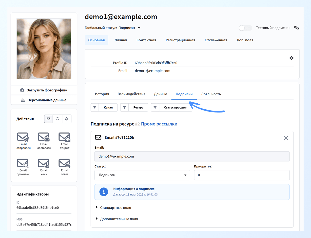 Профиль клиента в базе с подпиской на email-канал в ресурсе