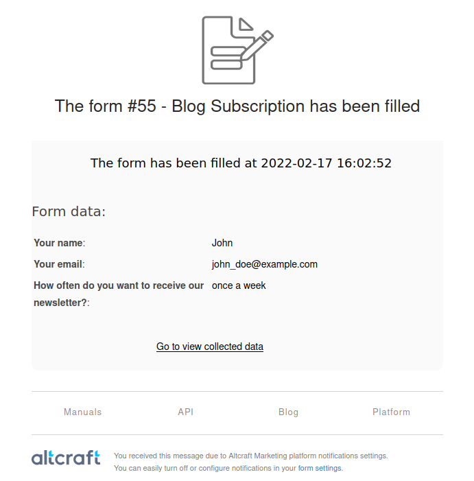 Email notification of form completion