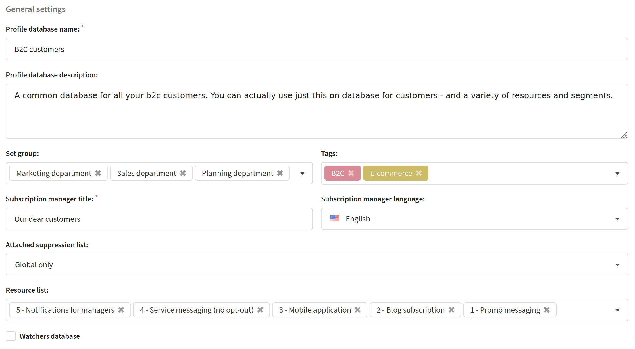 General settings of the profile database