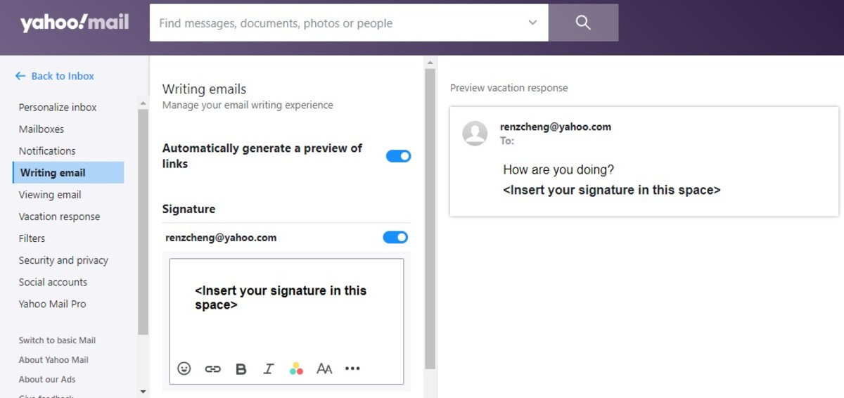 Configure the signature in Yahoo Mails