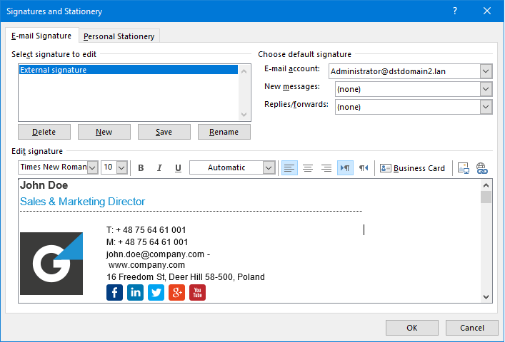 Configure the signature in Outlook email client