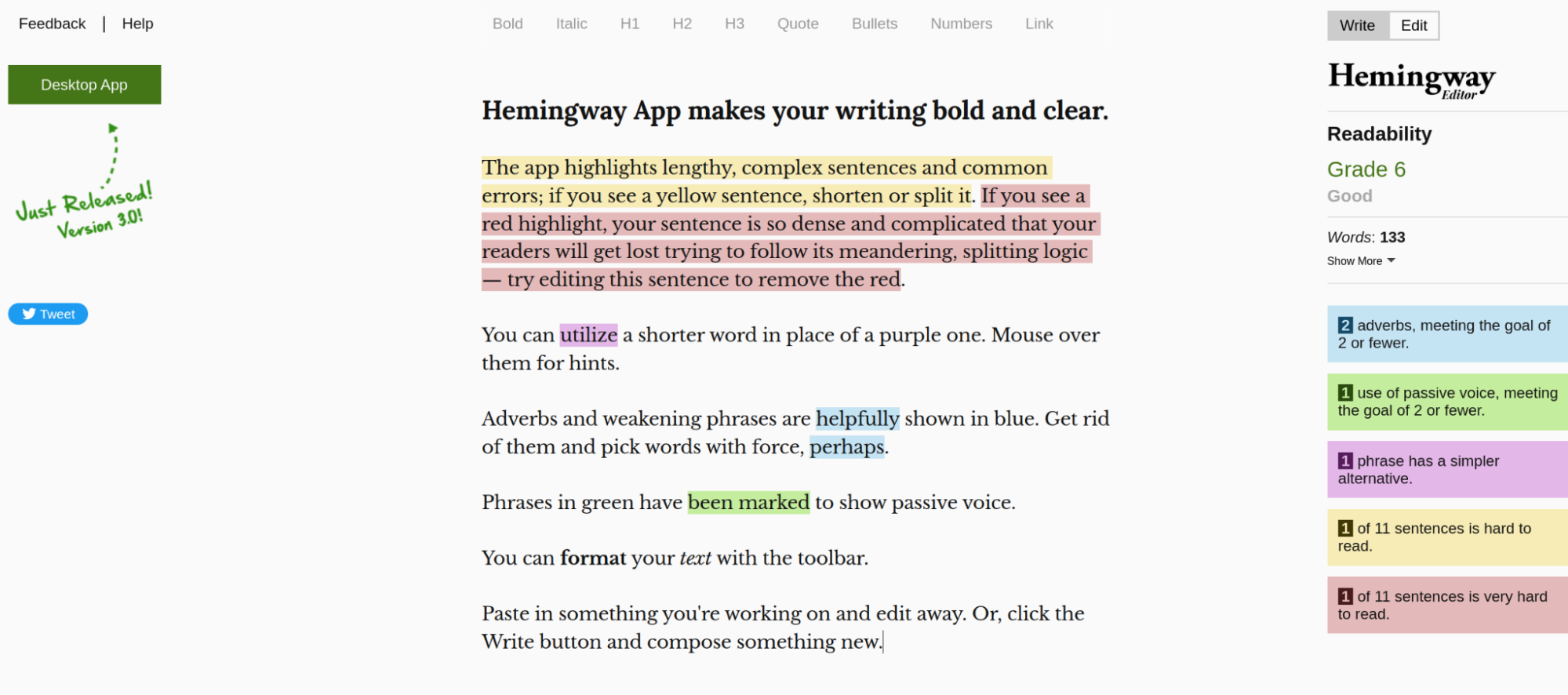 Tool for improving readability and clarity of texts - Hemingway Editor