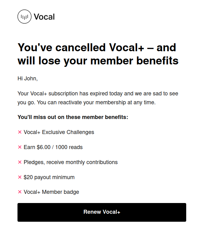 Subscription cancellation transactional email from Vocal