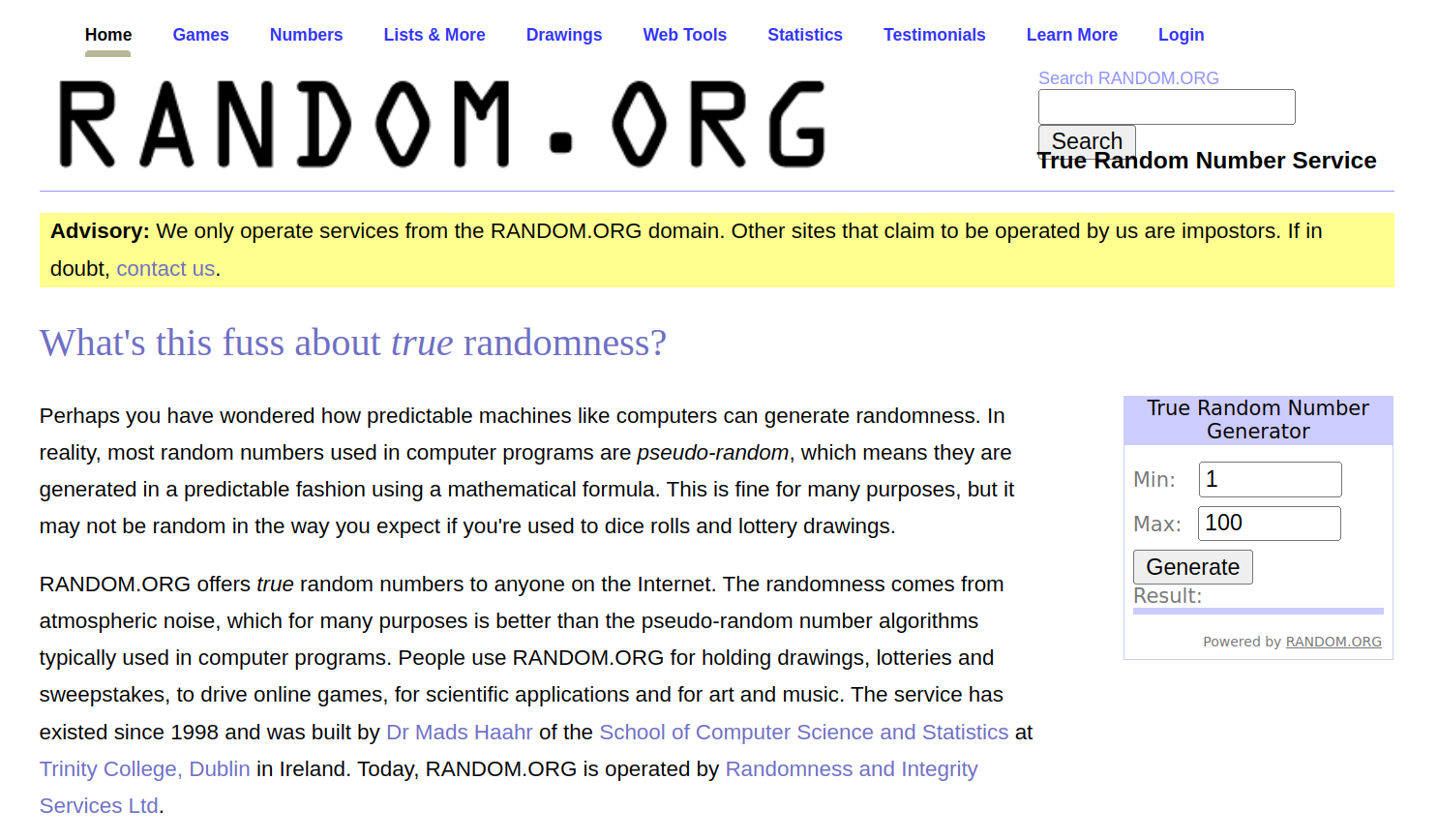 Service for generating random numbers - Random.org