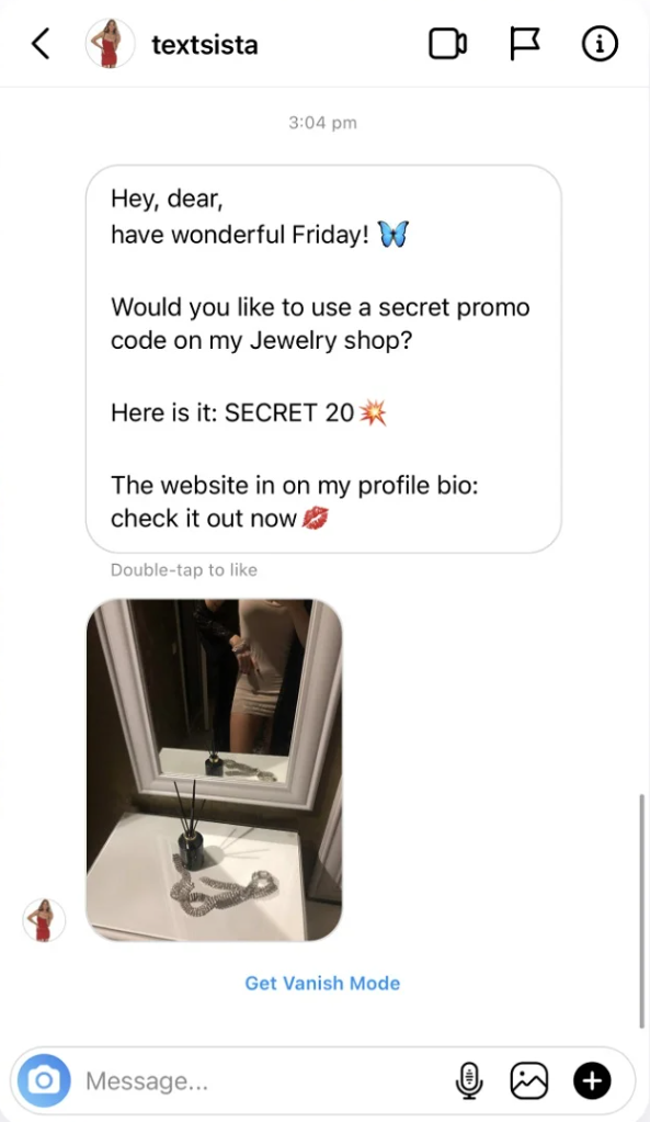Newsletter in Instagram* direct offering a promo code