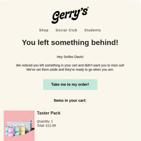 Abandoned Cart Email from Gerry’s