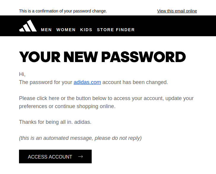 Password reset transactional email from Adidas