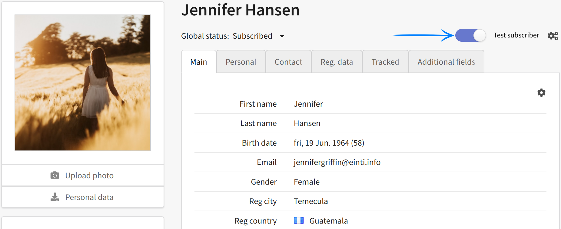 Profile of the test subscriber