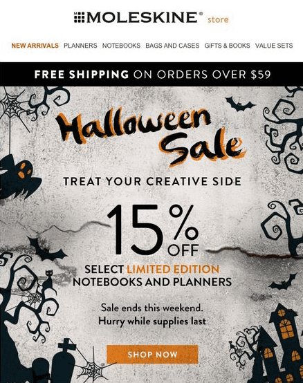 Real example of seasonal sales for Halloween from Moleskine