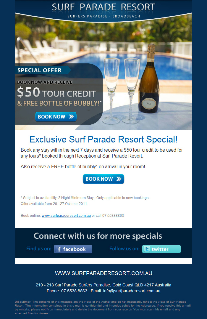 Newsletter ad offering a tour at a discount & a gift for booking it right away.