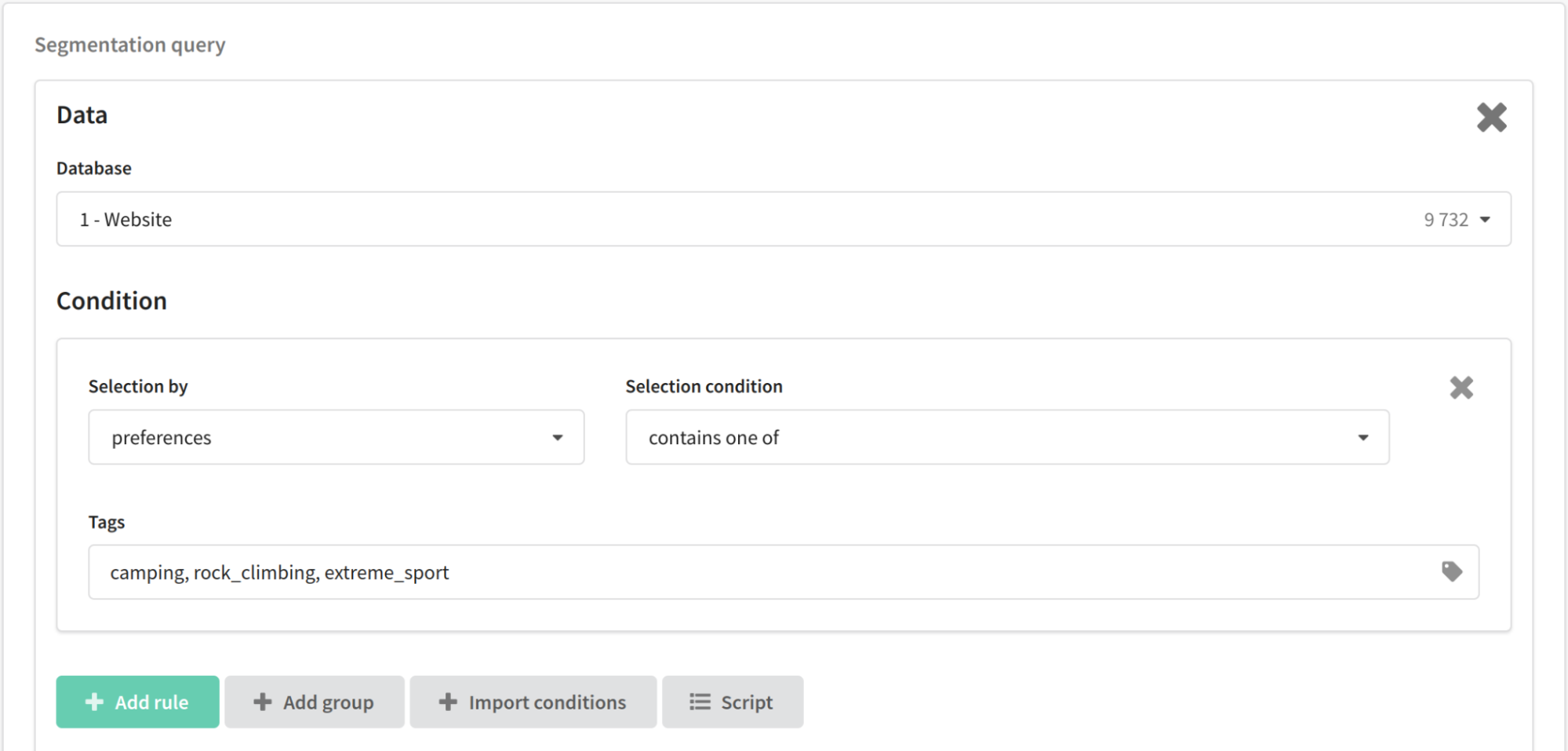 Selection by custom field when building a database segment