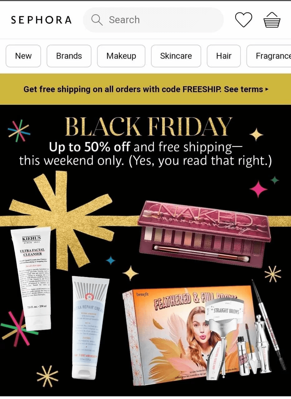 Marketing saisonnier de Sephora proposant des réductions pour le Black Friday