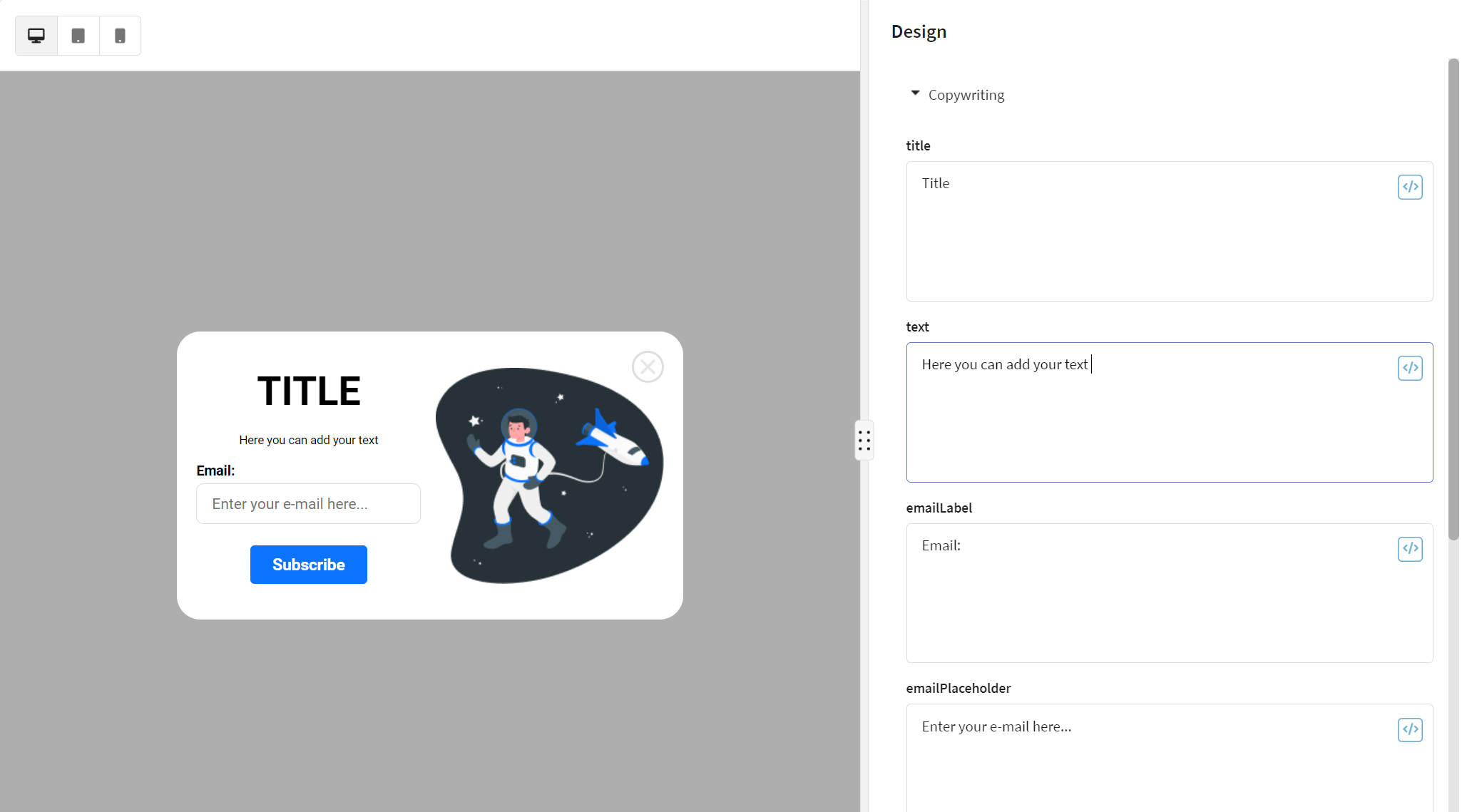 Sélection d'un modèle de popup