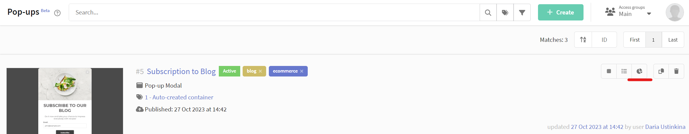 Une section analytique popup est disponible