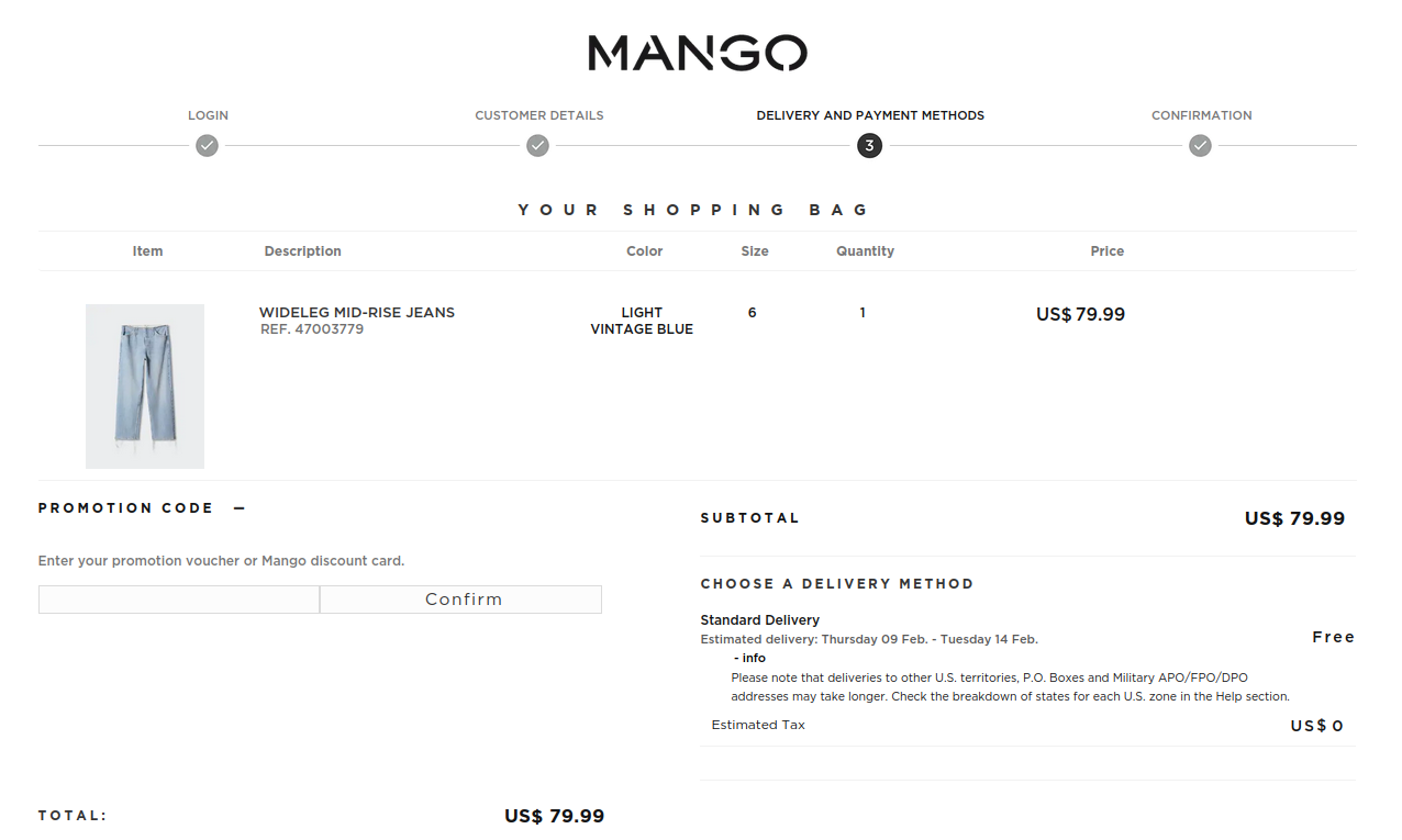 Checkout process on the Mango's website