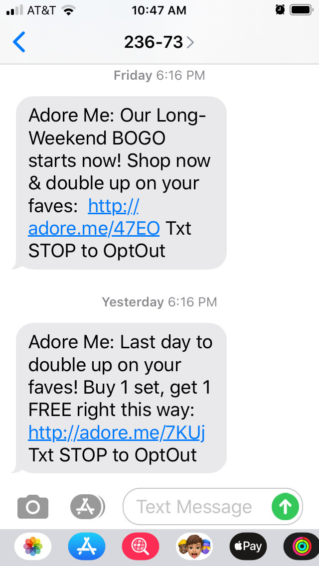 Lettre d'information par SMS avec les offres d'Adore Me