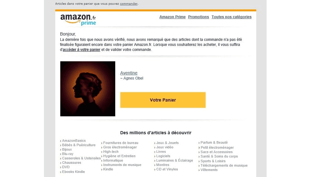 Notification par e-mail d'Amazon concernant les articles de votre panier
