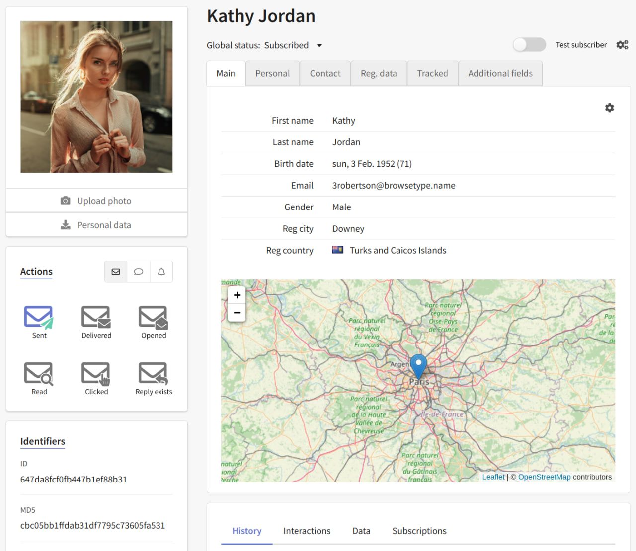 Example of a customer profile within Altcraft Platform