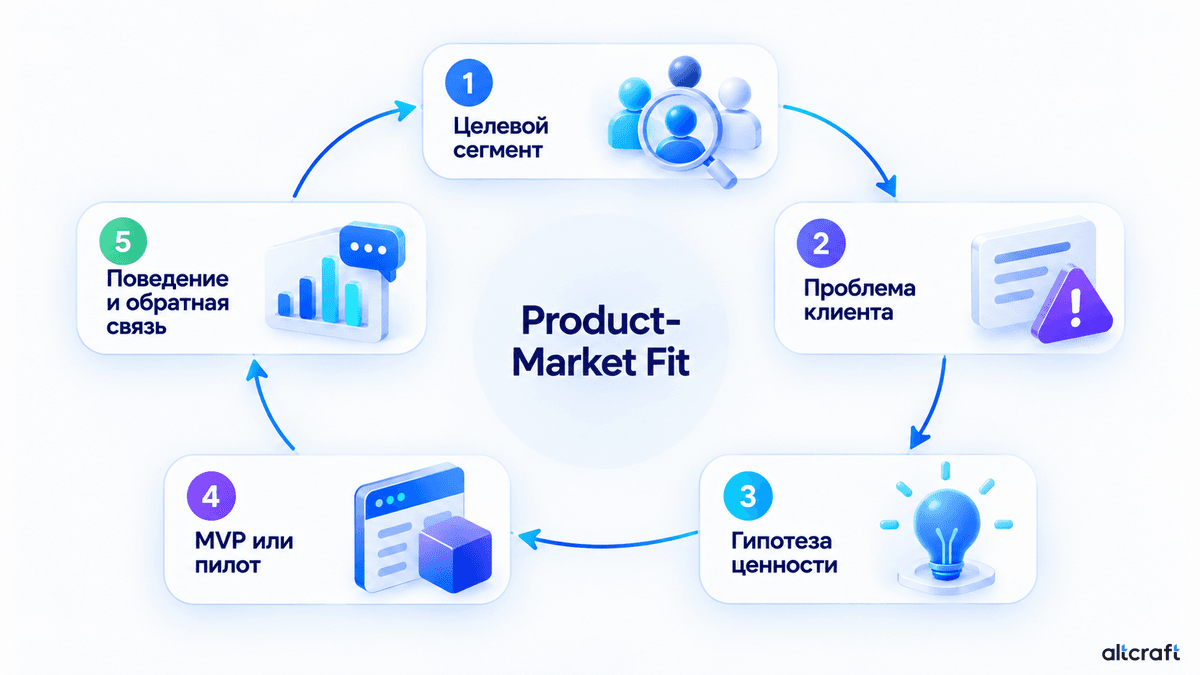 Цикл поиска Product-Market Fit от выбора сегмента до анализа поведения клиентов