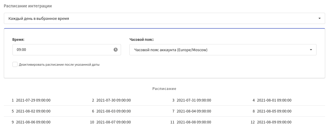 Расписание интеграции с Яндекс.Аудитории