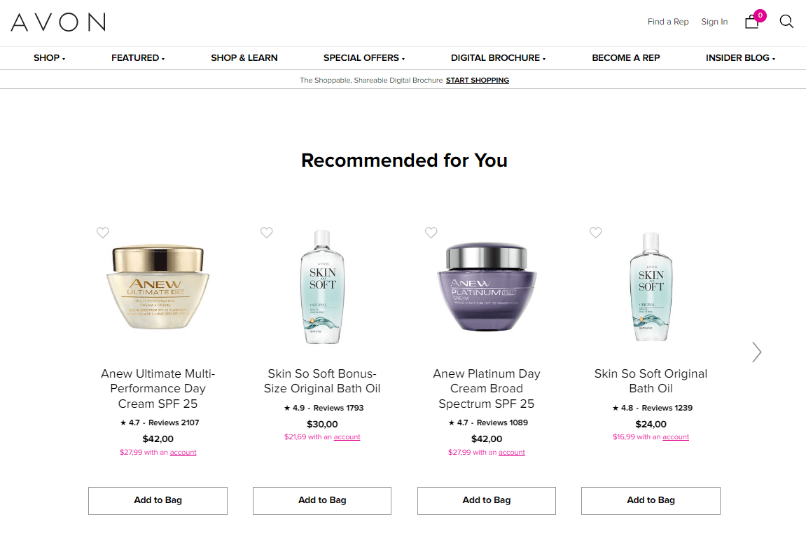 Exemple de sélection de produits sur la page d'accueil d'Avon