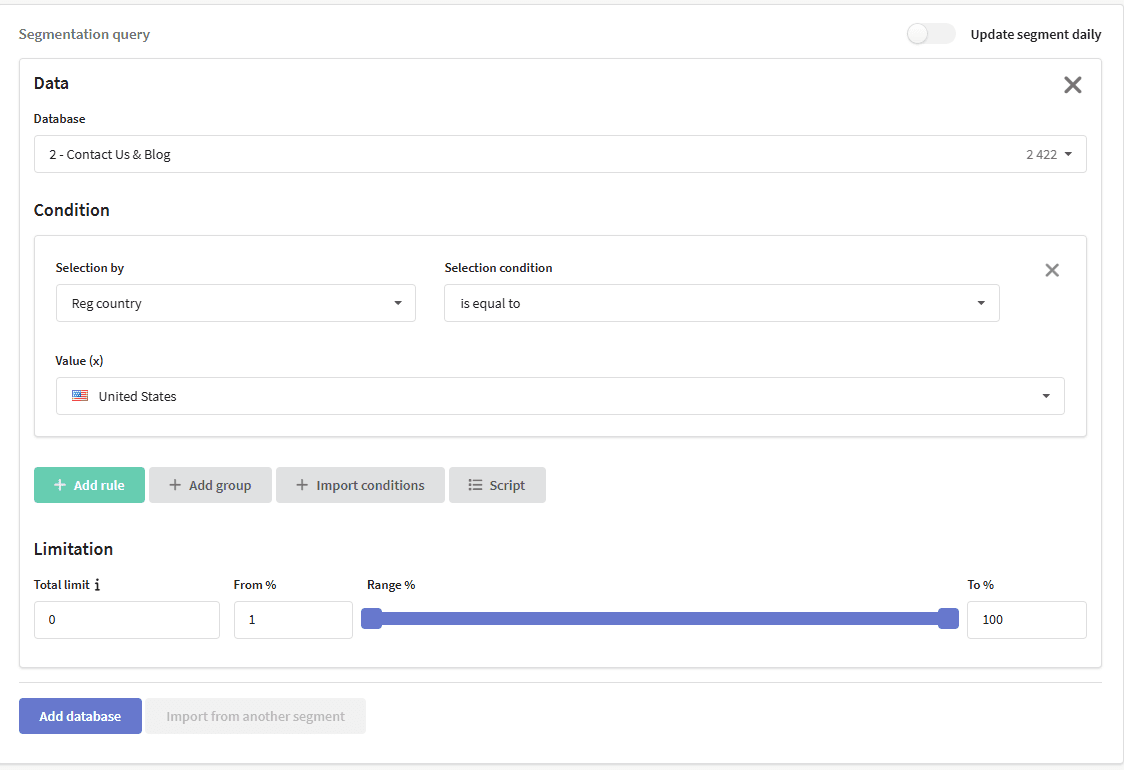 Example of audience segmentation by geolocation in Altcraft Platform