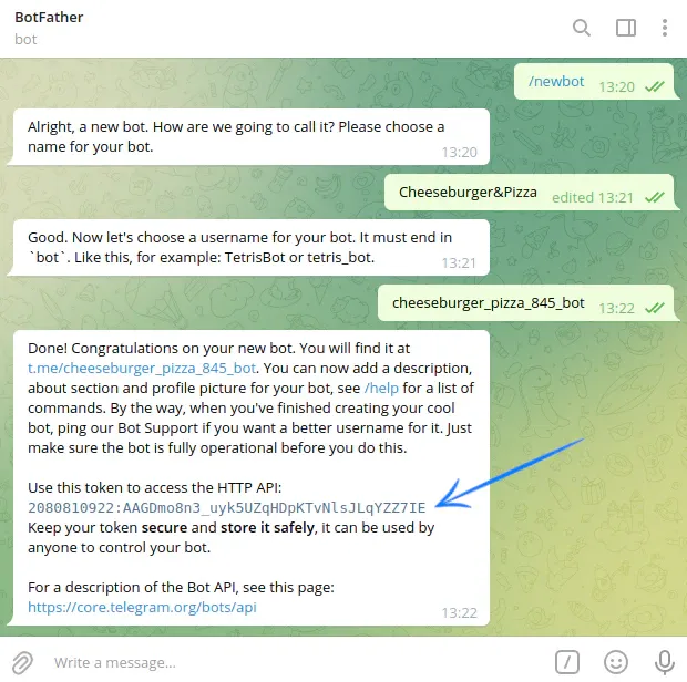 Диалог с BotFather в Telegram