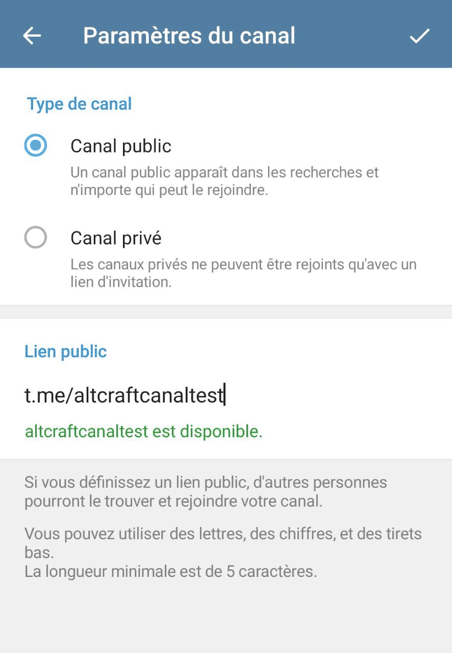 Choisissez le type de canal Telegram