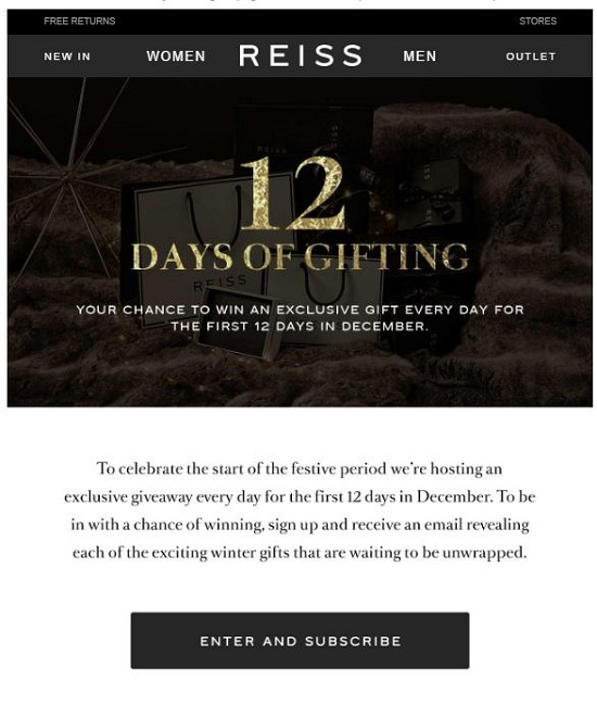 The Reiss store organized a 12-day drawing of their brand’s gifts