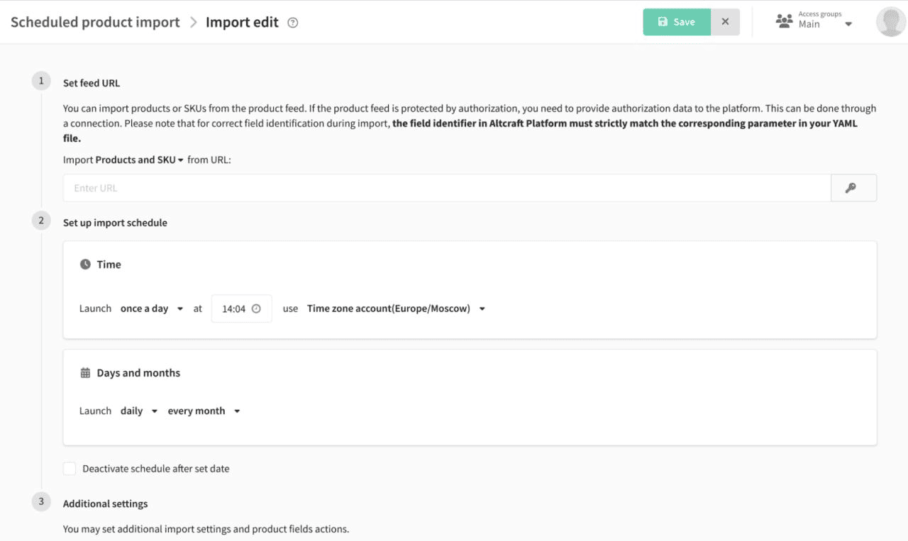 configuration de l'importation programmée de produits
