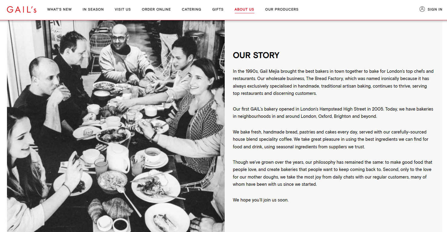 Example of verbal brand positioning by Gail’s Bakery via telling the story of the company
